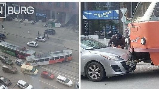 Образовалась пробка: в центре Екатеринбурга столкнулись два трамвая