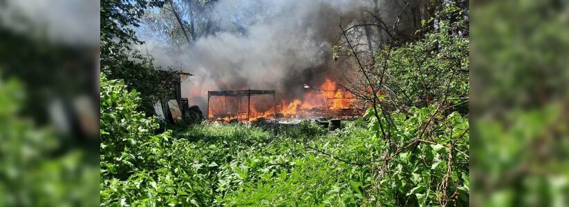 В Екатеринбурге горят три частных дома. Очевидец вытащил из огня собаку