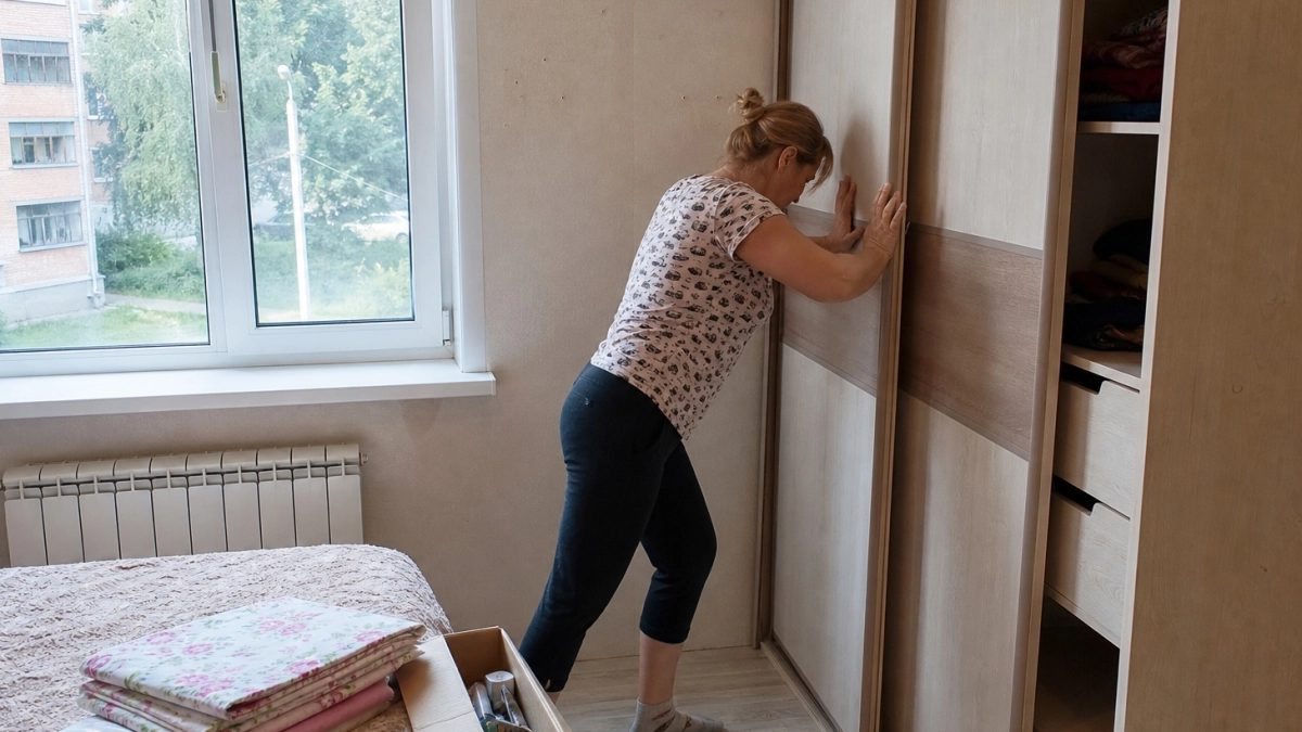 Большой шкаф‑купе вышел из моды: выкинула его на помойку и заменила — комната стала в два раза просторнее